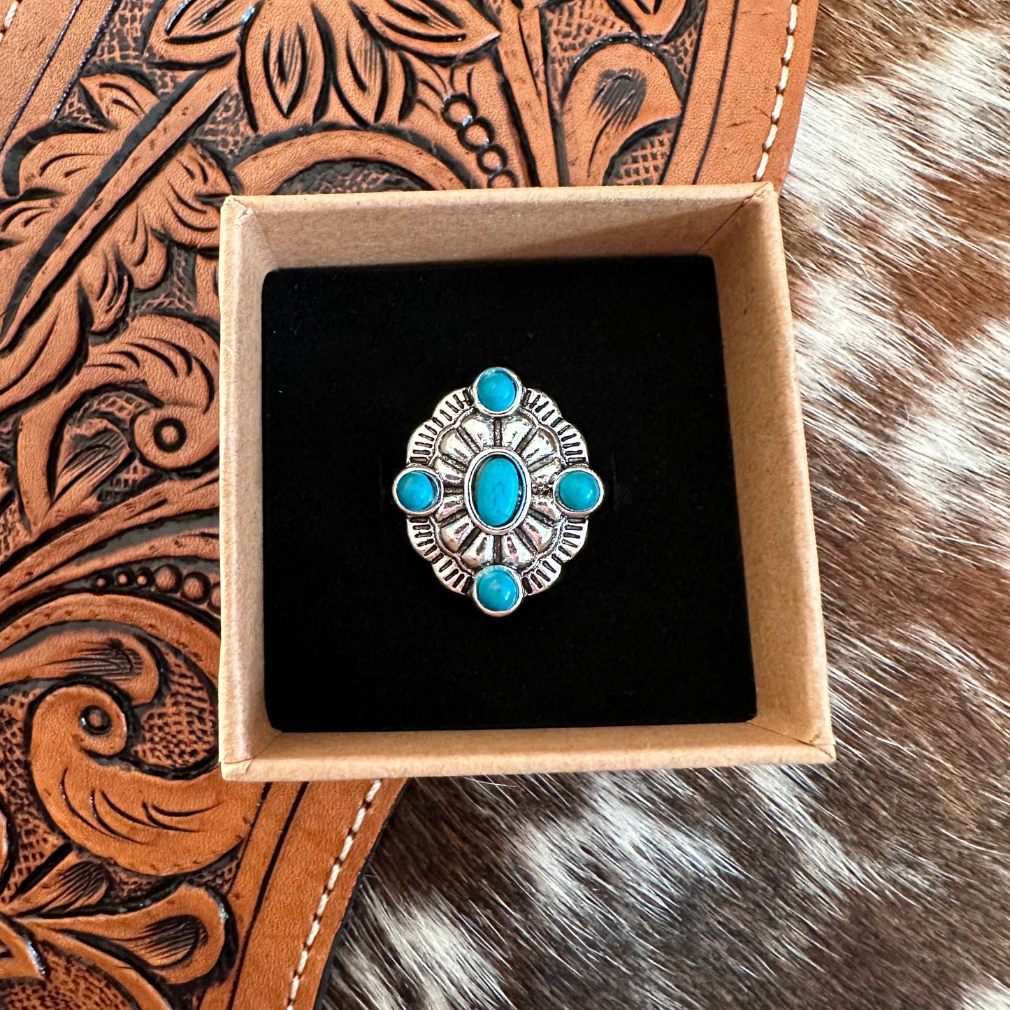 Turquoise Silver Flower Ring