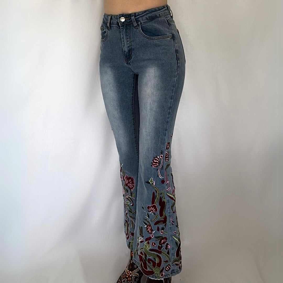 Embroidered Bell Bottom Jeans