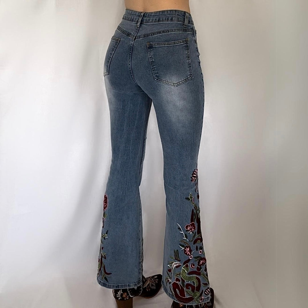 Embroidered Bell Bottom Jeans