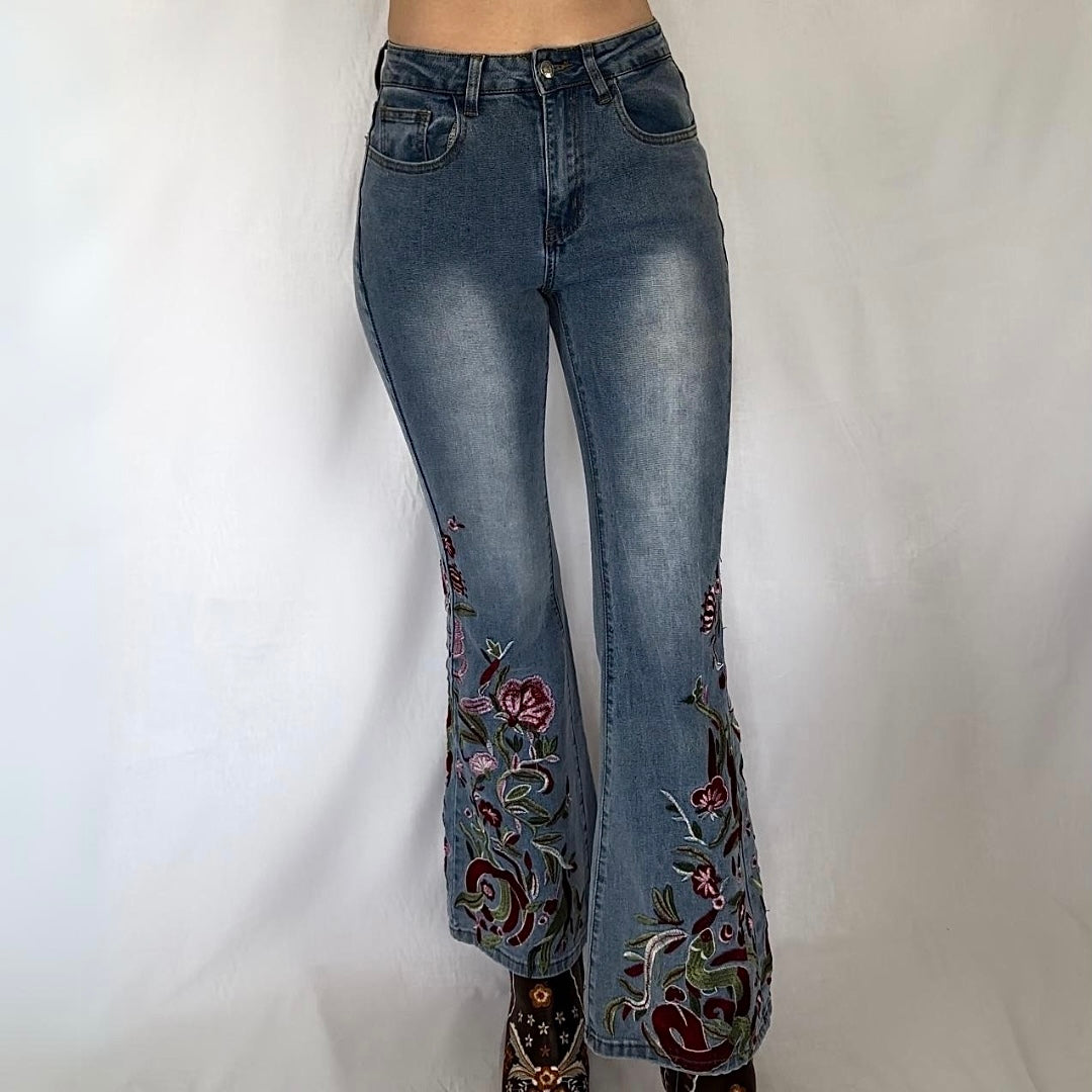Embroidered Bell Bottom Jeans