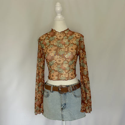 Floral Bell-Sleeve Sheer Crop