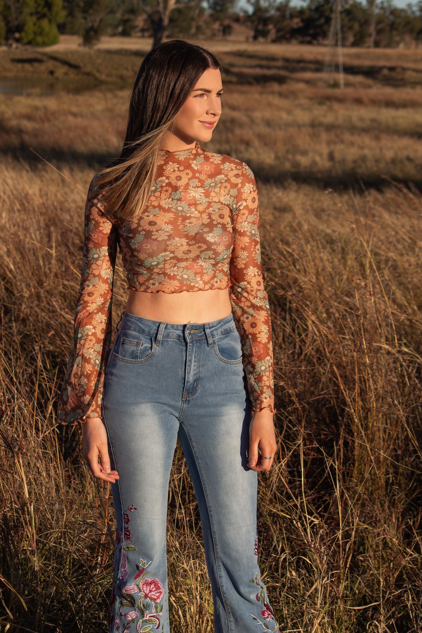 Floral Bell-Sleeve Sheer Crop